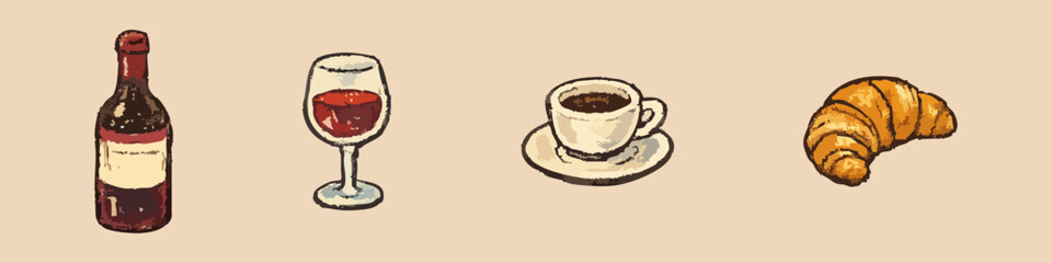 Obraz premium Vintage style banner illustration featuring a red wine bottle, glass, cup of coffee, and a flaky croissant on a cream background.