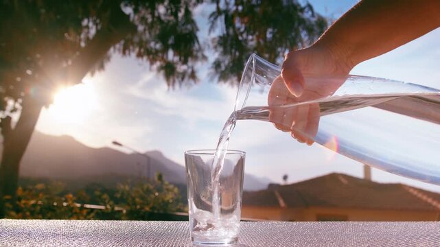 Healthy Lifestyle Concept with Woman Pouring Drinking Water from Pitcher Against Clear Sky