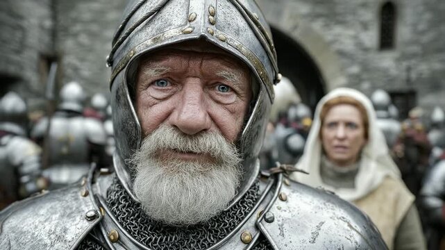 Experienced medieval knight portrait.  Resolute aging warrior in armor.  Detailed close-up, weathered face. Noble and determined expression. Historic reenactment, castle backdrop.