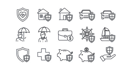 Fototapeta premium Insurance Icons: Health, Home, Car, Umbrella, Business, Ship, Piggy Bank