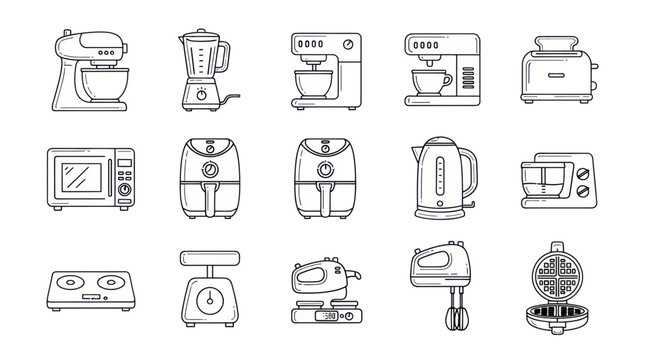 Kitchen Appliances Line Art Icons: Mixer, Blender, Coffee Maker, Toaster, Microwave