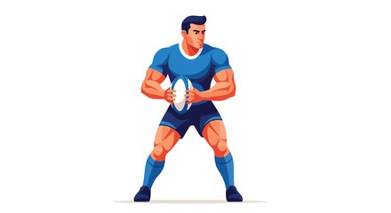 Obraz premium Illustration of a muscular rugby player in blue uniform holding a ball on a white background.