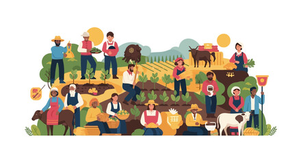 Obraz premium Diverse Farmers Community Working Together in Agriculture Field. Flat Vector Illustration of Food Production and Sustainable Farming.