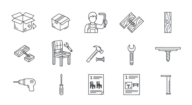 Furniture Assembly Icons: Tools, Parts, Instructions, and DIY Process