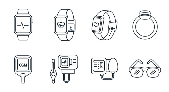 Health Monitoring Devices Icons: Smartwatch, CGM, Blood Glucose Meter, Glasses