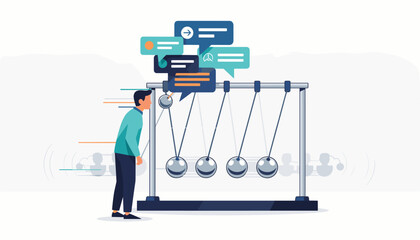 Vector illustration of a man observing a Newton's cradle where the swinging balls trigger speech bubbles, representing the momentum of communication, gossip, fake news, and social impact.