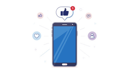 Smartphone with Social Media Notification Icons, Thumbs Up Like in Speech Bubble, Heart, Comment, and User Symbols, Flat Vector Illustration for Mobile App Engagement and Digital Marketing Concept
