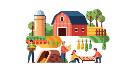 Naklejka premium Flat Illustration of Farming and Agriculture Harvest Scene with Barn, Silo, and Working Farmers