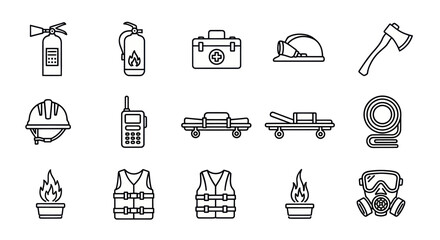 Fototapeta premium Firefighter Equipment Icons: Safety, Rescue, and Emergency Tools Collection