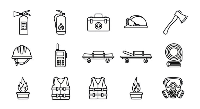Firefighter Equipment Icons: Safety, Rescue, and Emergency Tools Collection