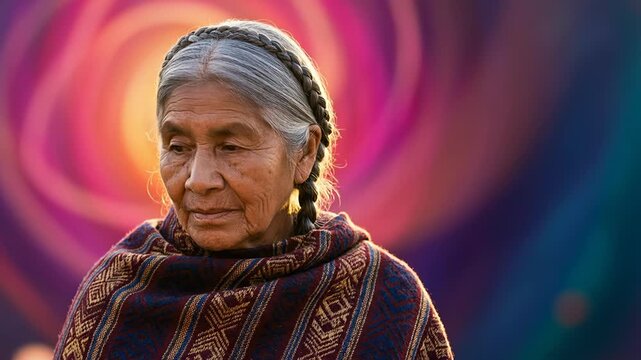 Elderly indigenous woman with braided hair smiles, then looks thoughtful. She wears a traditional patterned shawl against a vibrant colorful background.
