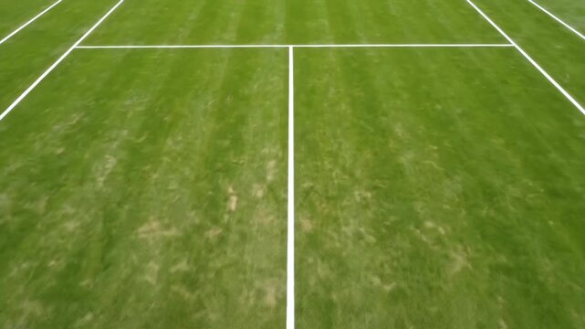 Aerial top-down view of a green grass tennis court with white lines and net. Professional sports facility and lawn tennis concept. Drone shot of empty court