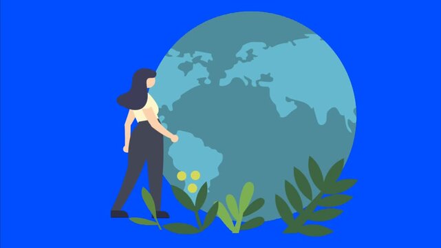 Woman standing near globe with plants eco concept flat animation on blue background global environment awareness and care