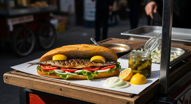 Freshly prepared Turkish balik ekmek sandwich with grilled fish, lettuce, tomato, and onion, served with lemon wedges and pickles