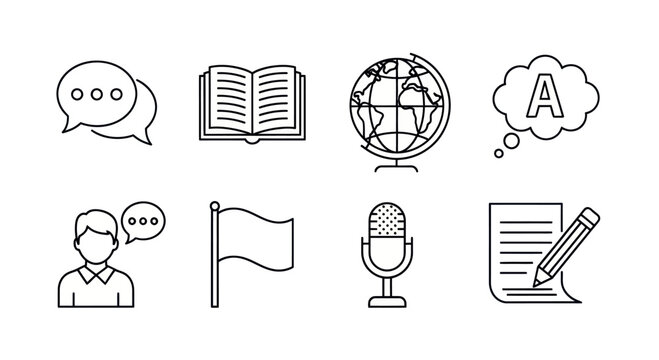 Education and Communication Icons: Language, Learning, and Global Connection