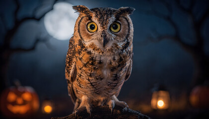 Majestic nocturnal owl with piercing yellow eyes perches under a bright full moon, set against a dark atmosphere with glowing jack-o'-lanterns and lanterns