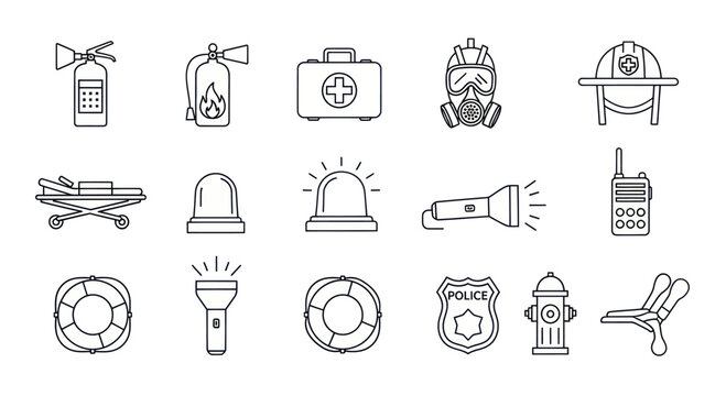 Emergency Services Icons: Fire, Medical, Police, Safety Equipment