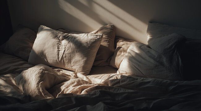 A rumpled bed with pillows and light-colored bedding in a dimly lit room.
Healthy sleep and sleep hygiene concept.