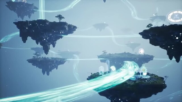 Floating islands connect with glowing digital pathways