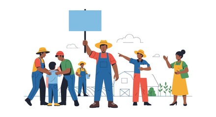 Obraz premium Farmers Protest for Workers' Rights. Agricultural Community Group Holding Blank Sign for Rally, Labor and Family Farming Issues Illustration.