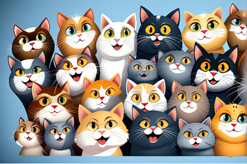 Fototapeta premium Bright minimalistic cats pattern ? white, grey, bicolor, blue background, kids textile, art card, pet shop food ad.