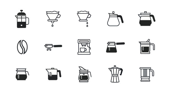Coffee Brewing Methods Icons Set: French Press, Pour Over, Drip, Espresso