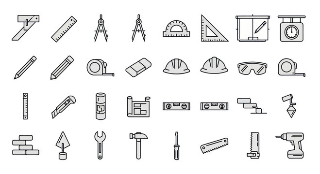 Construction Tools & Drawing Instruments Icon Set