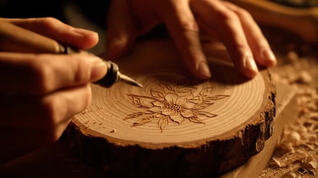 Artisan Wood Burning Craftsmanship - Floral Design on Round Wood Slice