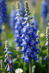 Delphinium Blue Spikes Stippled Against Vibrant Cottage Garden Bed Flowers and Outdoor Rustic Design