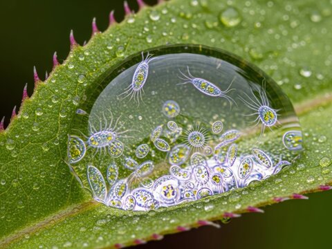 A macro shot of a water droplet on a green, serrated leaf, revealing a vibrant microcosm of various microscopic organisms, possibly protists or algae, with distinct internal structures.