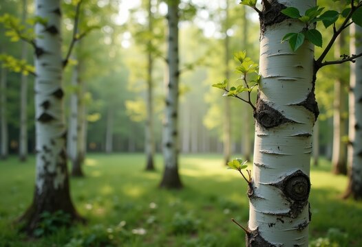 Distinctive Birch Trees Surrounded by Quiet White Barks in a Sprawling Forest Grove Under a Clear Sky