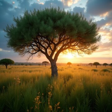 Feathery Acacia Tree Compound Leaves Savanna Winter Twilight Exotic Flora