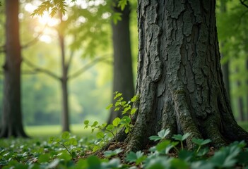 Obraz premium Majestic Beech Tree with Expertly Textured Gray Bark Against a Timeless Forest Backdrop