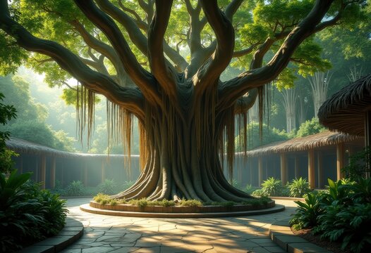 Magnificent Banyan Tree Aerial Roots Enveloping Courtyard Serenity Organic Splendor