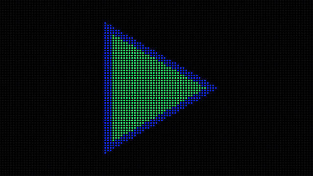 Futuristic digital start button featuring a vibrant green LED core surrounded by a blue dot matrix border. Duo tone palette set against a textured electronic screen background.