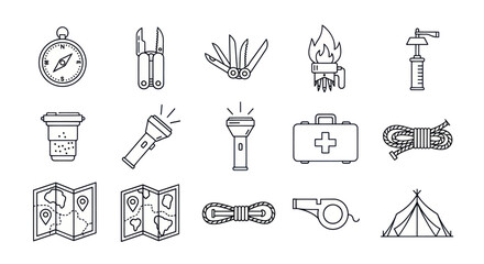 Fototapeta premium Camping and Hiking Gear Icons: Compass, Knife, Flashlight, Map, Tent, First Aid