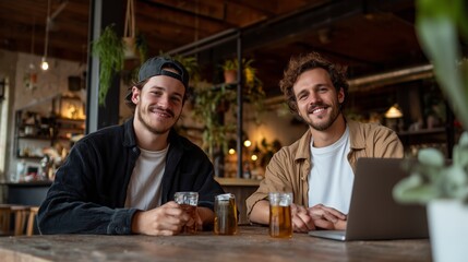 Two friends enjoying drinks while working together in a cozy cafe environment during daytime