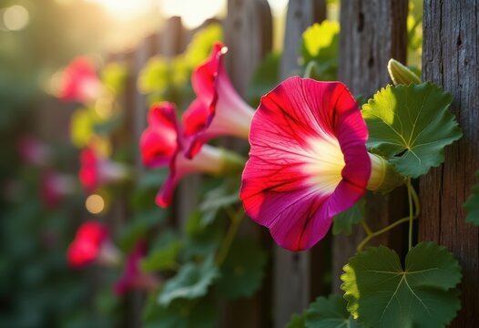 Morning Glory Trumpet Flowers Climbing Charming Fence in Bright Morning Light