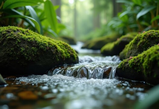 Moss-Covered Rocks in Deep Humid Forest Stream Surrounded by Lush Vegetation and Glimmering Water
