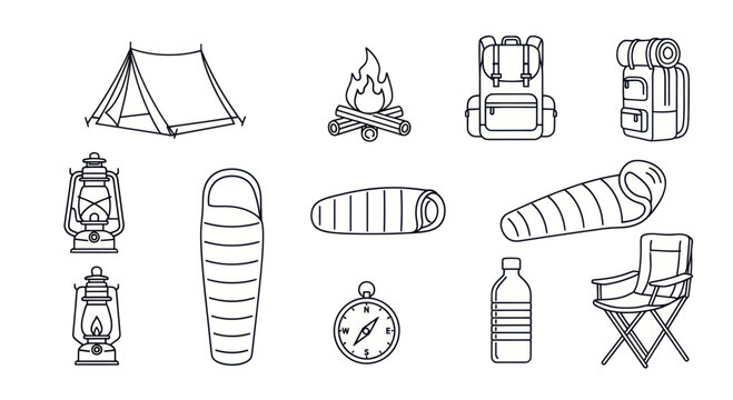 Camping Gear Icon Set: Tent, Backpacks, Sleeping Bags, Lanterns, Compass