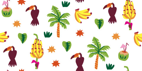 Fototapeta premium Seamless tropical jungle pattern with toucan and palm leaves