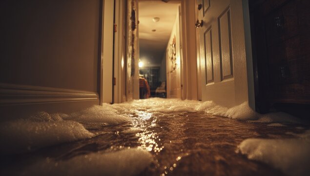 Flooded Hallway with Bubbles and Water Damage.