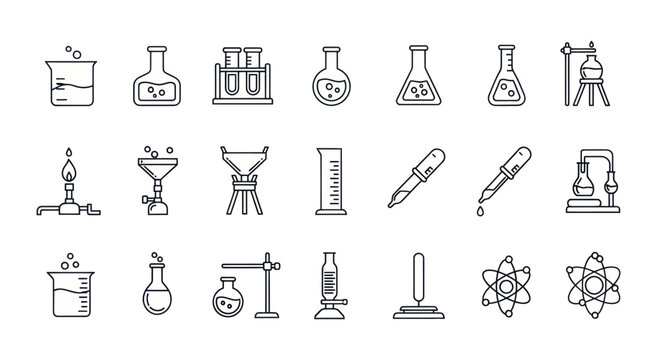 Chemistry Lab Equipment Icons Set: Beaker, Flasks, Test Tubes, Burner, Pipettes