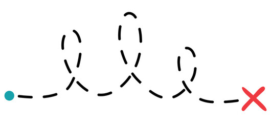 Old treasure map with red X mark and dotted trail. Ancient quest route with dashed path line and cross symbol. Vector illustration isolated on white.