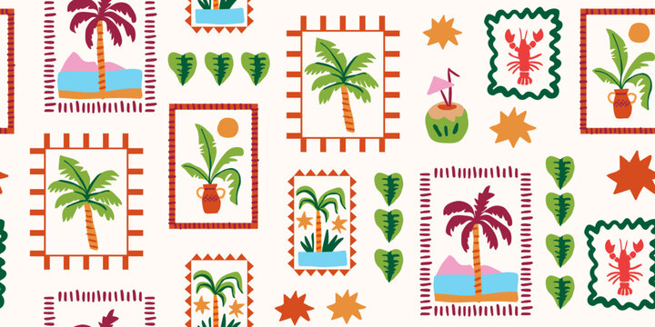 Seamless tropical postage stamp pattern with palms and lobster