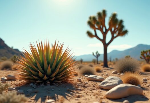 Stark Joshua Tree Desert Oasis featuring Spiky Yucca Succulents Against Expansive Dryemptiness