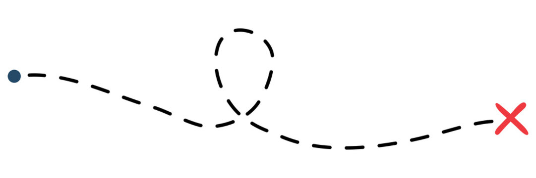 Treasure map with red cross mark and line dotted trail. Quest route with dashed path. Vector illustration isolated on white.