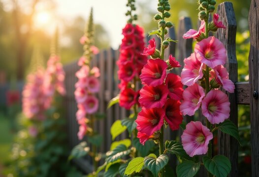 Towering Hollyhock Stalks with Ruffled Flowers Framed by a Charming Weathered Fence