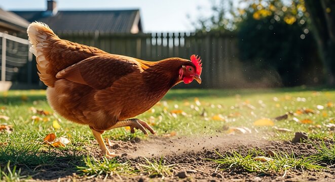 Brown Chicken Walking in Yard with Dust.