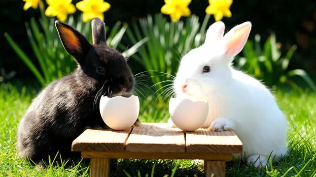 Black and white bunnies eating from eggshells on a wooden table. Cute rabbits nibbling in a sunny spring garden with daffodils. Easter holiday concept